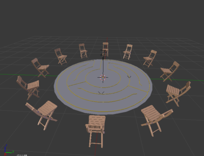 ''physical setup - 4x4 meter space surrounded by chairs''