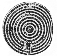 According to these testimonies, the maze, which had a diameter of about 3m and 33cm, was in the side aisle near the sacristy. It was a mosaic composition, consisting of so many small tiles of different colors, with a central porphyry disc. As the picture reproduced, which Durand certainly took from Barbier de Montault's work, the labyrinth had already been seriously damaged, and a miserable restoration had led him to lose the original course. The archaeologist Rodolfo Lanciani , in his work " Roma Cristiana e Pagana " (1892), mentions this labyrinth and states that it was "destroyed during the restoration of 1867".